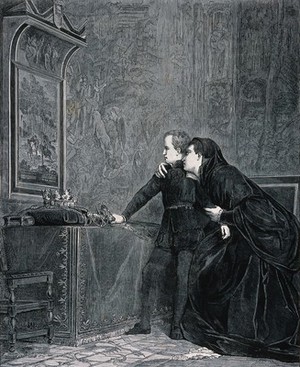 view The oath of Henri de Guise: he and his mother look at a painting of the assassination of his father, and vow revenge. Wood engraving by H. Linton after H. Rousseau after P.-C. Comte, 1864.