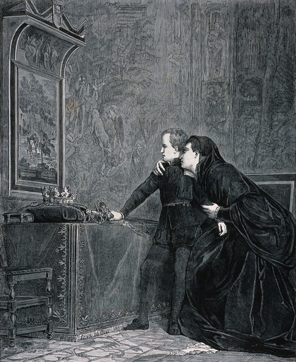 The oath of Henri de Guise: he and his mother look at a painting of the assassination of his father, and vow revenge. Wood engraving by H. Linton after H. Rousseau after P.-C. Comte, 1864.