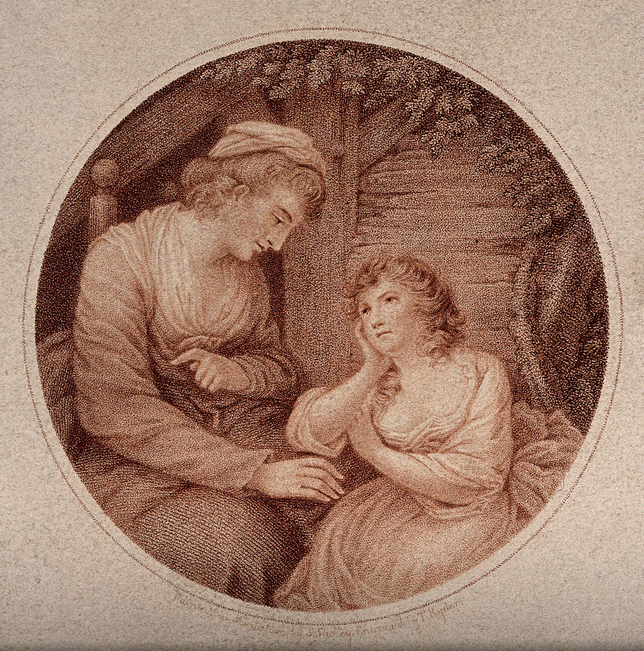 A mother telling her daughter a mournful tale. Stipple engraving by S. Shelley., 1 Dec. 1784, by Samuel Shelley