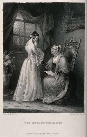 view A girl stands in front of her grandmother who is holding a letter which she is questioning the girl about. Engraving by F. Bacon after E.C. Wood.