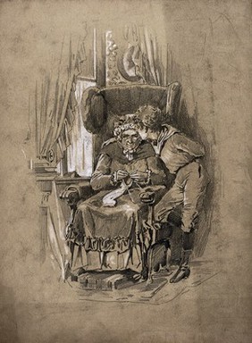 An old lady sits in a chair with her knitting and is being comforted by a boy who may be her grandchild. Graphite drawing with white chalk.