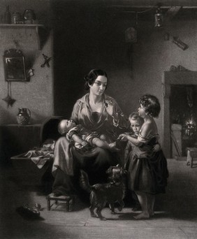 A family scene with a mother holding a sleeping baby and being shown a dead robin by one of her other children. Mezzotint by James Faed after R.T. Ross.