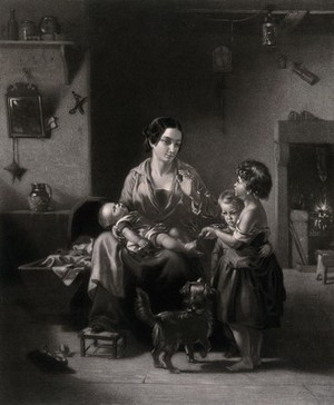 view A family scene with a mother holding a sleeping baby and being shown a dead robin by one of her other children. Mezzotint by James Faed after R.T. Ross.