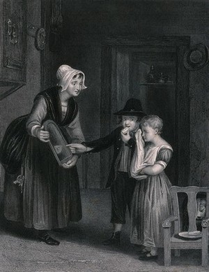 view A child has been told her face is dirty, so she wipes it clean while her mother holds the mirror and her brother points to her reflection. Engraving by J. Mitchell after Sir David Wilkie, R.A.