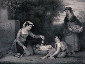 view A young woman holds a basket of fruit while another dangles an orange for a baby in a crib to play with and a boy looks on. Engraving by S.S. Smith after C.L. Eastlake.