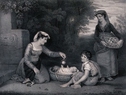 A young woman holds a basket of fruit while another dangles an orange for a baby in a crib to play with and a boy looks on. Engraving by S.S. Smith after C.L. Eastlake.