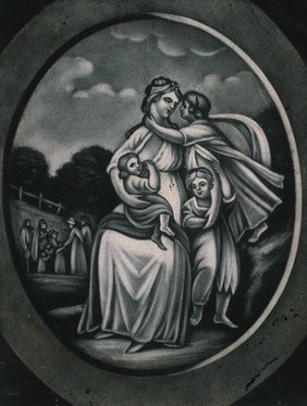 A woman has one child on her lap feeding while two others cling to her sides. Mezzotint.