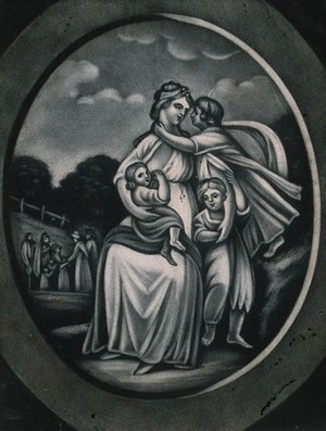 view A woman has one child on her lap feeding while two others cling to her sides. Mezzotint.