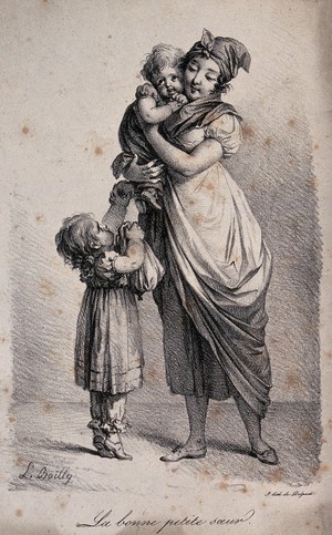 view A woman is holding a child in her arms and her sister is standing on tiptoe trying to offer her an apple. Lithograph by Delpech after L. Boilly, ca. 1822.