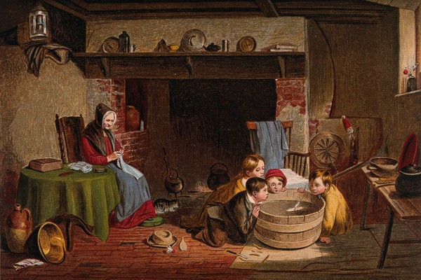 A rustic cottage in which an old woman sits by the fire and four children gathered around a barrel of water attempt to blow a toy boat across it. Chromolithograph after T.Webster.