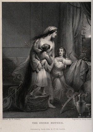 view A mother looking out of an open window, one child clings to her, the other seems to be asking her something. Engraving by H. Rolls after H. Corbould.