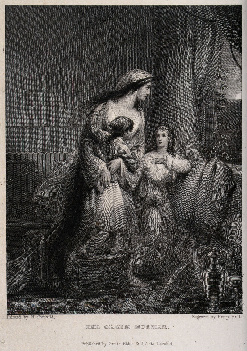A mother looking out of an open window, one child clings to her, the other seems to be asking her something. Engraving by H. Rolls after H. Corbould., by Henry Corbould