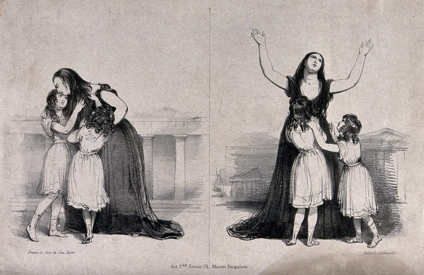 Giuditta Pasta in the role of Medea: she embraces her children (left) and then throws her arms up in anticipation of  murdering them (right). Lithograph by John Hayter, 1827.