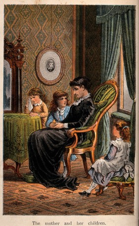 A mother sits on a chair looking glum, with one daughter sitting on a stool, another talking to her and yet another sitting at the table wiping her eyes. Chromolithograph.