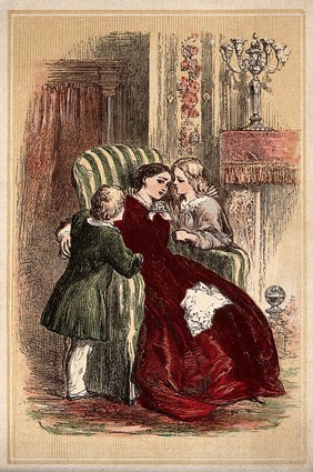 Two children are comforting their mother as she sits in a chair where her handkerchief has fallen onto her lap. Coloured wood engraving.