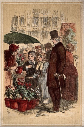 A father stands watching his children as they decide which plant to buy from the flower seller. Coloured wood engraving.