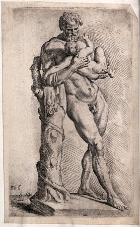 Silenus holding the infant Bacchus: view from the front left. Etching by F. Perrier.