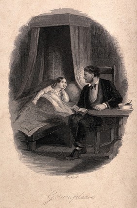 A father pauses in reading to his daughter and she urges him to continue. Engraving by Hinchliff.