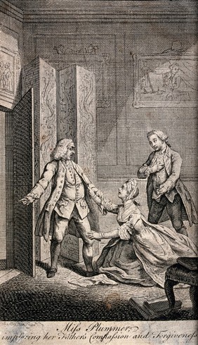 A young woman implores her father to allow her to marry a politician who supported a different candidate in the Middlesex by-election from the one favoured by the father. Engraving by J. Miller, 1769.