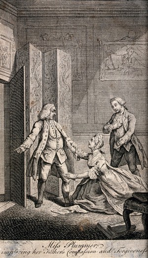 view A young woman implores her father to allow her to marry a politician who supported a different candidate in the Middlesex by-election from the one favoured by the father. Engraving by J. Miller, 1769.