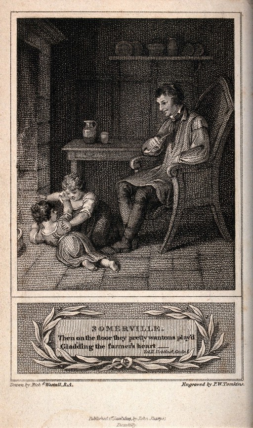 A man sits in a chair at the table smoking his pipe and watching two children playing on the floor. Stipple engraving by P.W. Tomkins, 1805, after R. Westall.