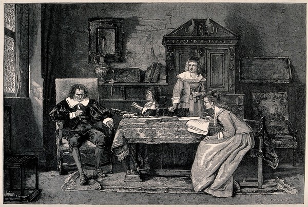 John Milton dictating Paradise lost to one of his daughters while the other embroiders and his wife looks on. Wood engraving by F. Méaulle after Michael Munkacsy.