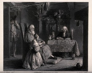 view A girl kneels on the floor by an old man holding a book on his lap: another man sits at a table with an open book, a third removes his hat as he enters the room. Engraving by L. Stocks after F. Nash.