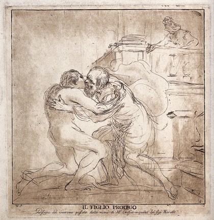 The prodigal son returns and is greeted by his father. Etching by V. Vangelisti after G.F. Barbieri, il Guercino.