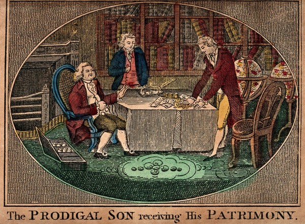 A son has returned to his family and is now being given his share of his father's fortune. Coloured engraving.