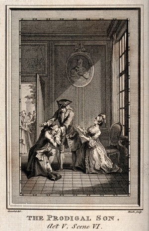 view A father and mother greet their returning son with a crowd of people gathered outside the open door. Engraving by J. Heath after Gravelot.