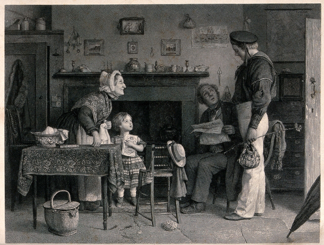A young sailor has returned to his aged parents after running away to sea. Engraving by Lumb Stocks after Joseph Clark., 1800-1899, by Joseph Clark