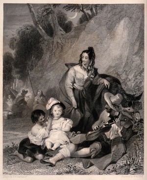 view A family of gypsies sit in their camp with a child they have stolen. Engraving by W. & F. Holl, 1840, after F.P. Stephanoff.