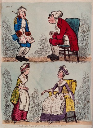 view A father reprimanding his son, and a mother reprimanding her daughter. Coloured etching, 1801.