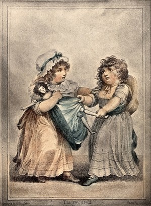 view Two girls fight over a doll which they both lay claim to. Coloured stipple engraving by C. Knight after H. Singleton.