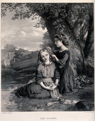 Two sisters sit under a tree decorating each others' hair with flowers. Engraving by C. Cousen after G. Smith.