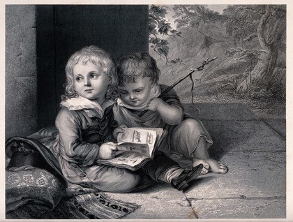 Two boys sitting together, one holding a stick and looking at the picture book that his brother is holding. Engraving by Robert Wallis, 1846, after C.L. Vogel, 1792-1793.