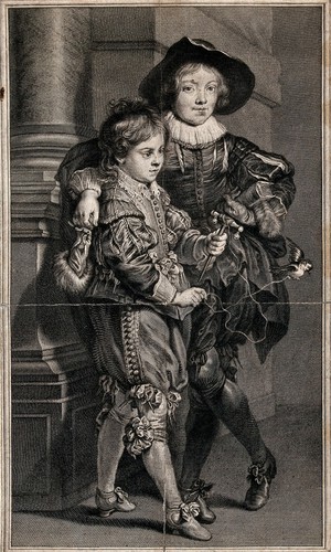 view Two boys in aristocratic costume releasing a bird which still has a string attached to its leg. Engraving.