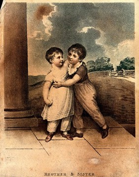 Two young children, brother and sister, standing together in a colonnade with fields behind them. Colour stipple engraving after A Buck.