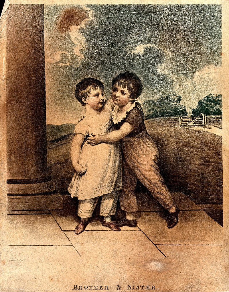 Two young children, brother and sister, standing together in a colonnade with fields behind them. Colour stipple engraving after A Buck., Aug.t 1st 1809, by Adam Buck