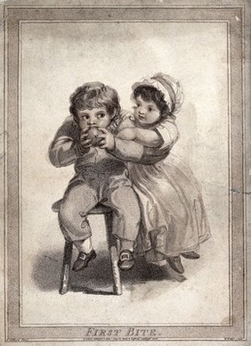 A girl tries to take an apple from her brother as he takes the first bite of it. Stipple engraving by W. Nutter after T. Stothard.