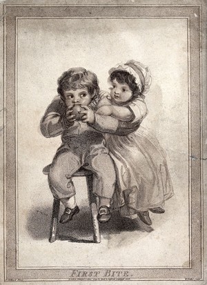 view A girl tries to take an apple from her brother as he takes the first bite of it. Stipple engraving by W. Nutter after T. Stothard.