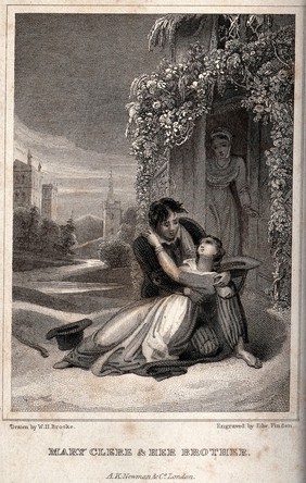 A young woman lies prostrate in the arms of her brother ouotside a rural house as another woman comes through the doorway. Engraving by Edward Finden after W.H. Brooke.