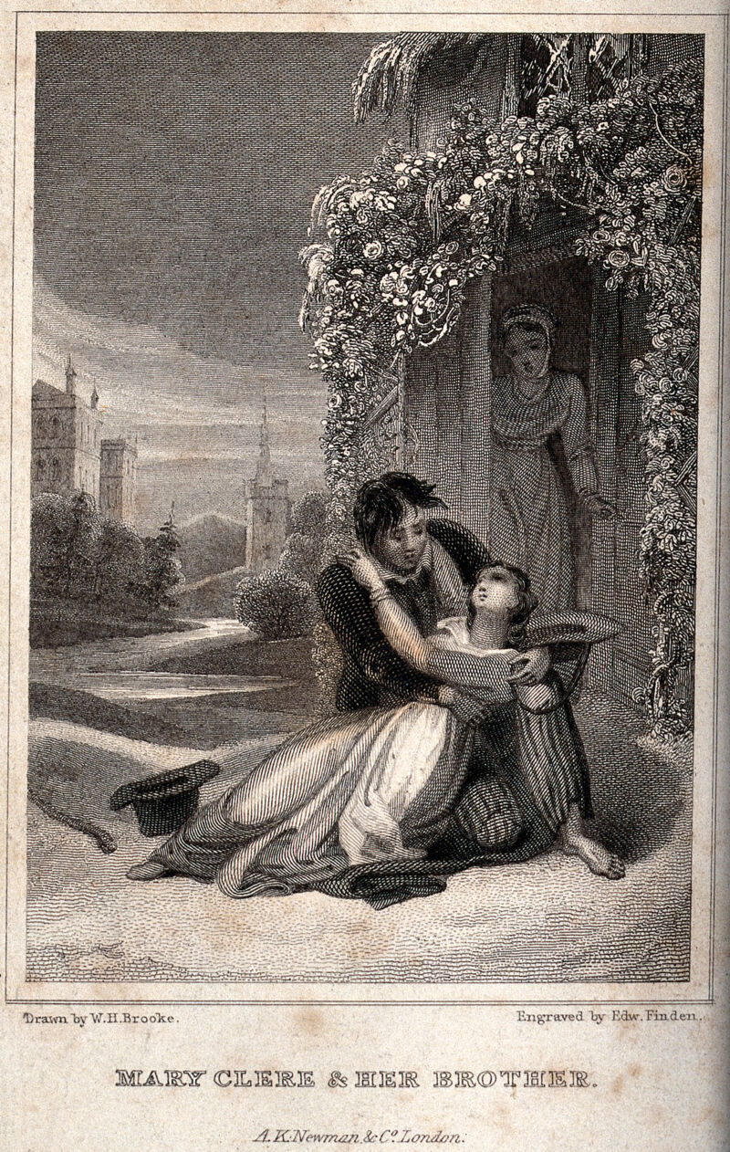 A young woman lies prostrate in the arms of her brother ouotside a rural house as another woman comes through the doorway. Engraving by Edward Finden after W.H. Brooke., 1800-1899, by William Henry Brooke