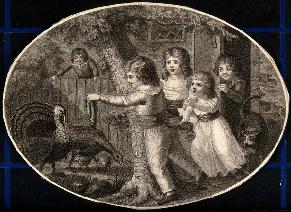 A group of children in a garden playing with turkeys, another child watches from over the fence. Stipple engraving.