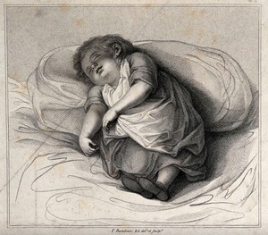 view A small child asleep leaning against a pillow. Stipple engraving by F. Bartolozzi.