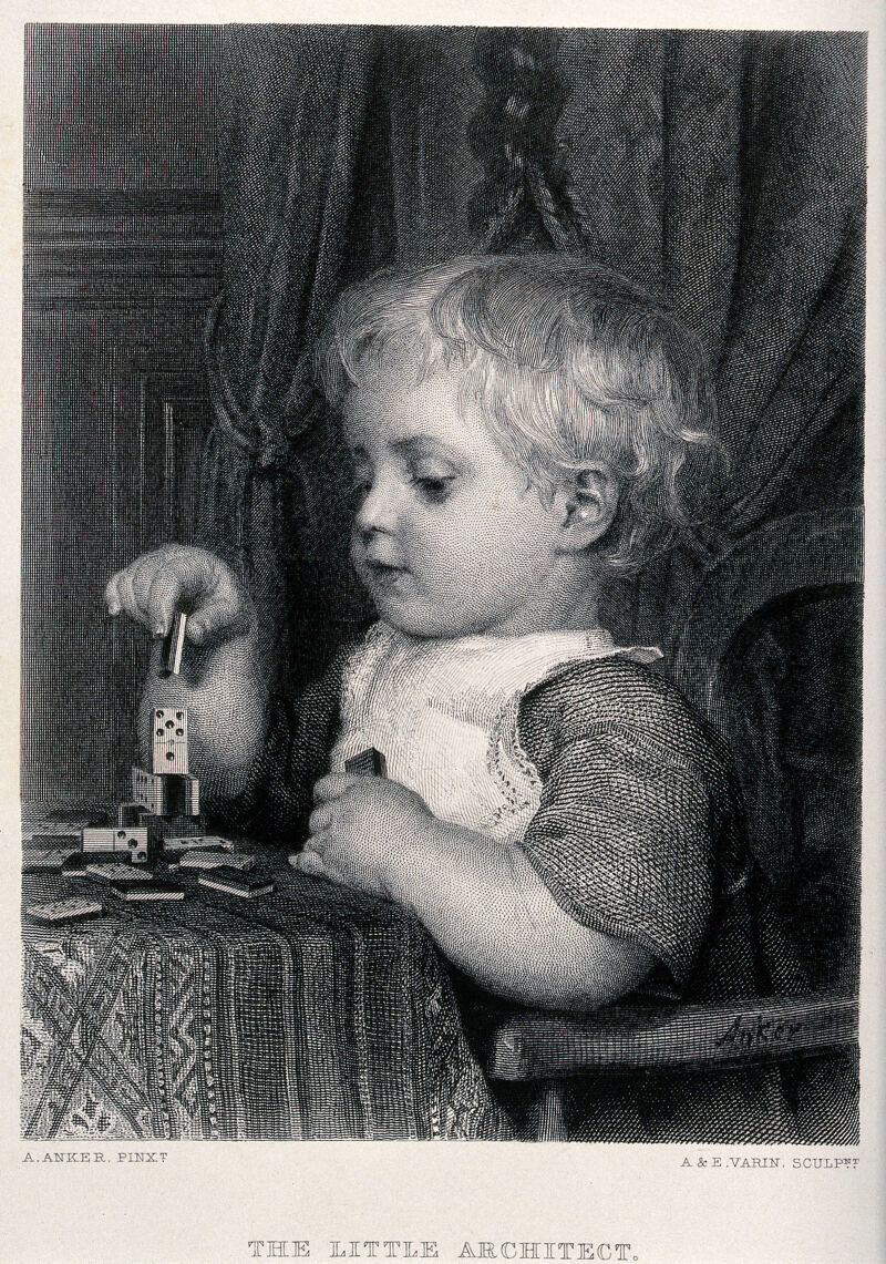 A young child sitting at a table using dominoes as building blocks. Engraving by A.& E. Varin after A. Anker., [1874], by Albert Anker