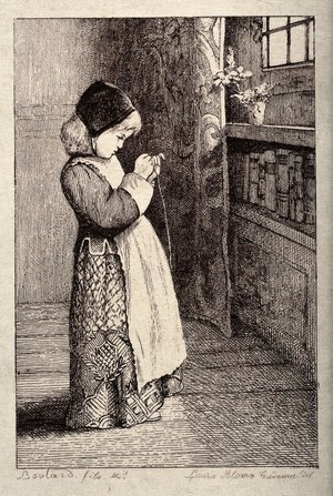 view A little girl in Elizabethan costume stands in a room trying to thread a needle. Etching by A. Boulard the younger after Laura Alma Tadema.