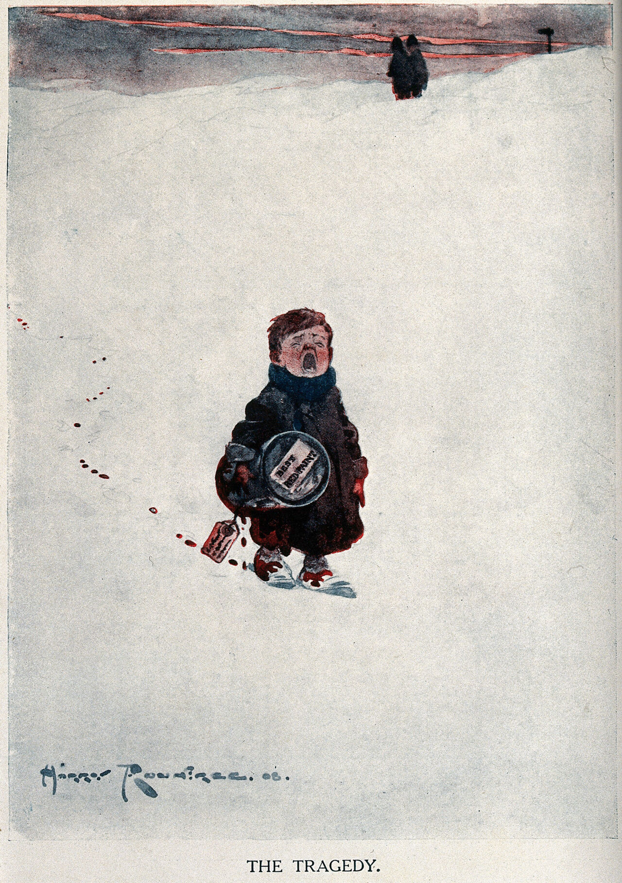 A boy walks across the snow crying and leaving a trail of red paint. Colour process print after Harry Rountree., by Harry Rountree
