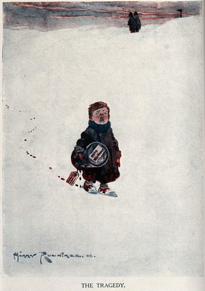 view A boy walks across the snow crying and leaving a trail of red paint. Colour process print after Harry Rountree.
