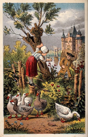 view A young goose girl stands on a fence stump to watch a traveller go by. Chromolithograph.